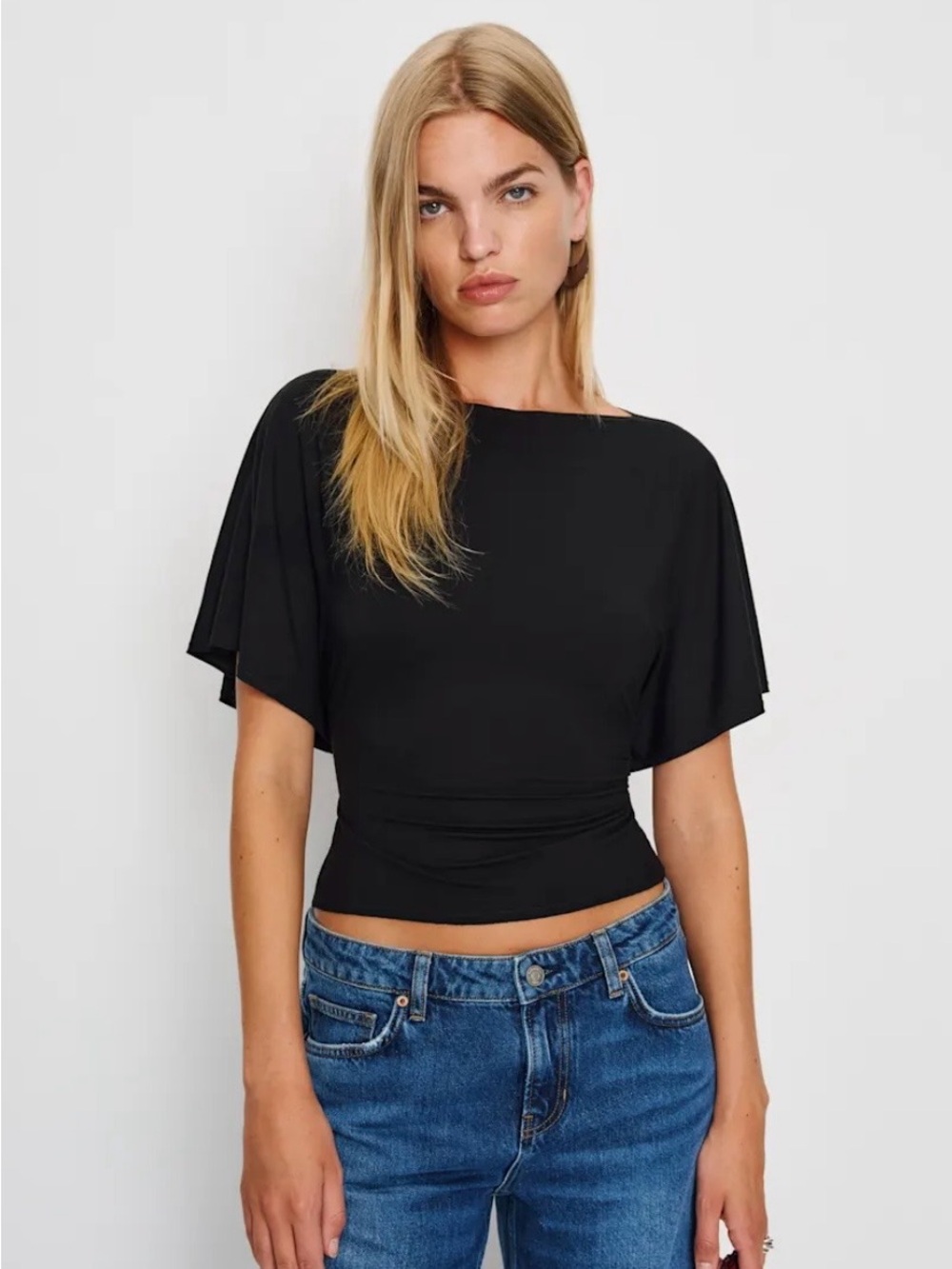Reformation Avery Bell Sleeve Wrap Back Knit Top in Black size small